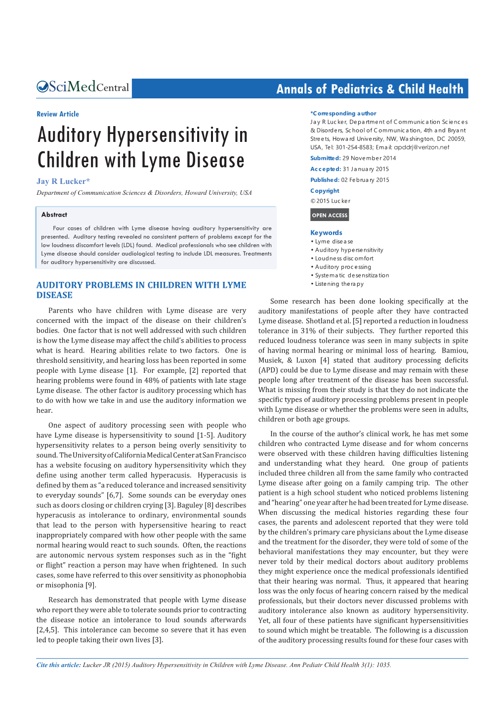 Auditory Hypersensitivity in Children with Lyme Disease