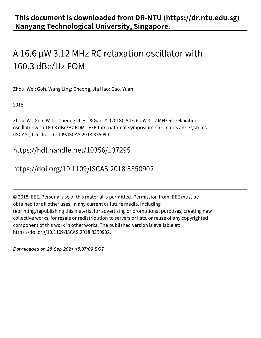 A 16.6 Μw 3.12 Mhz RC Relaxation Oscillator with 160.3 Dbc/Hz FOM