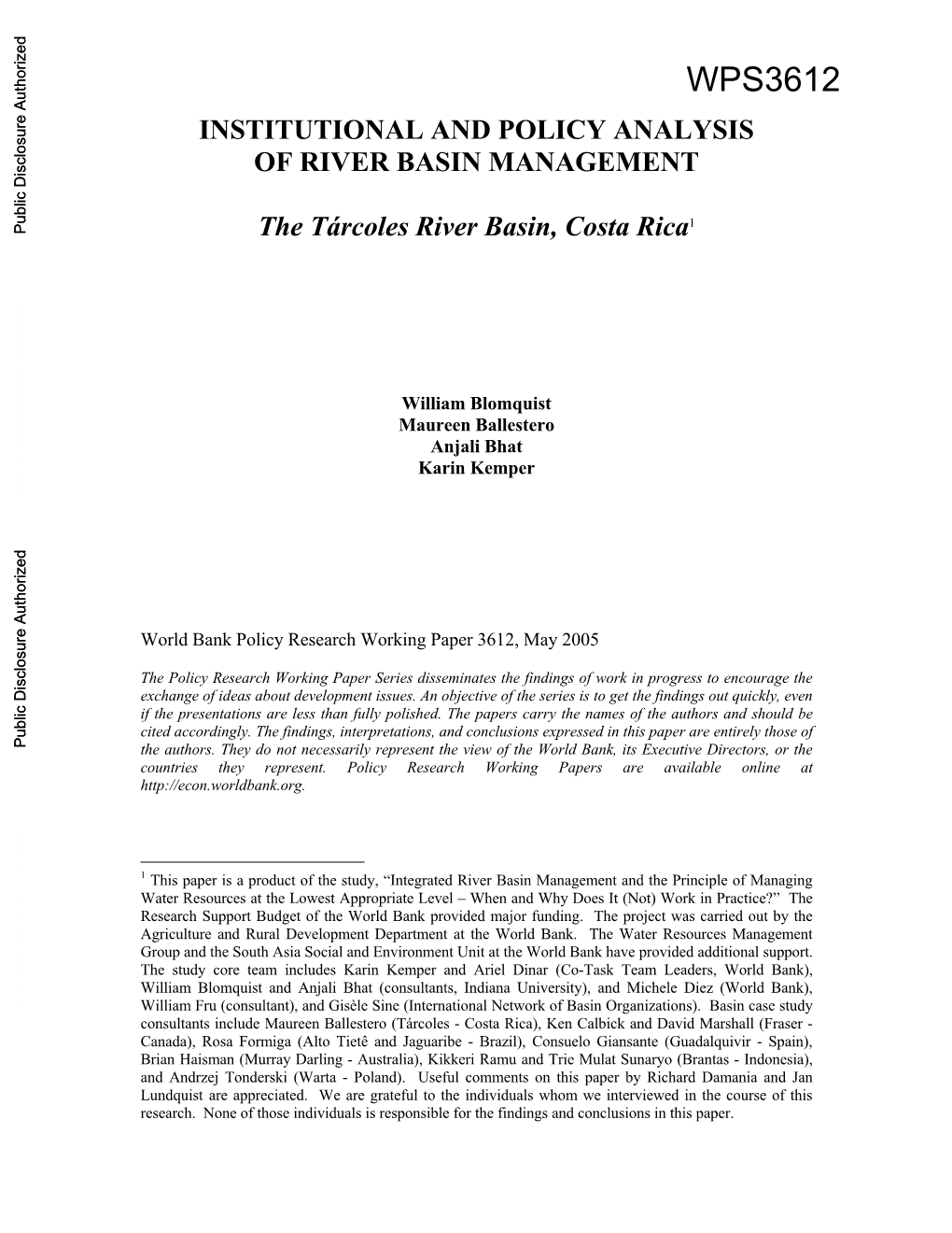 Wps3612 Institutional and Policy Analysis of River Basin Management