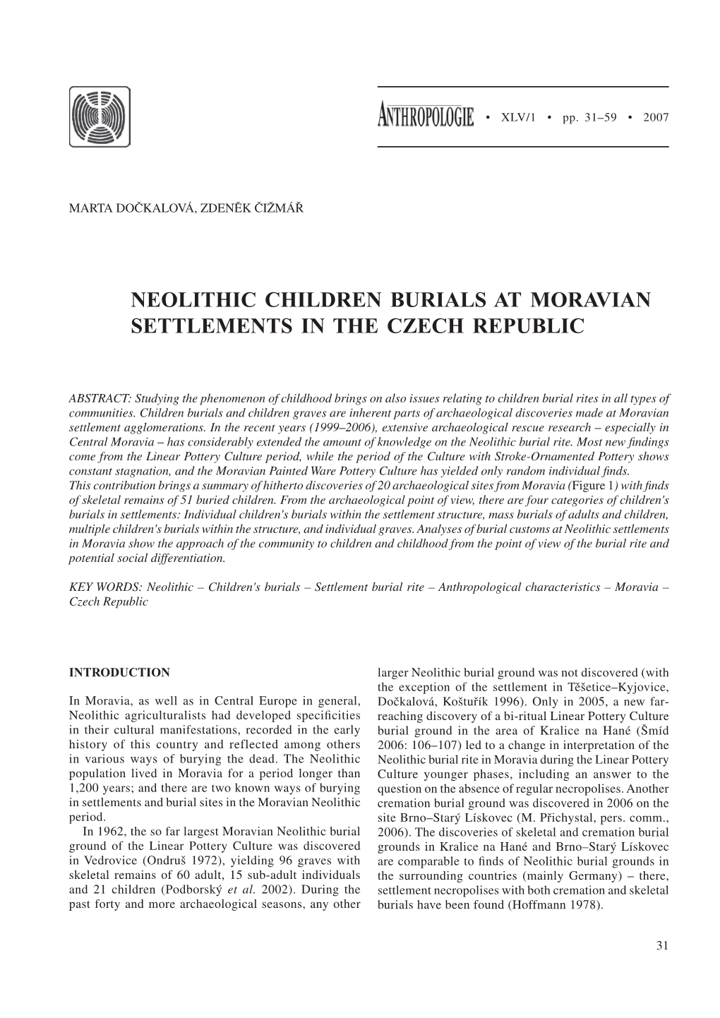 Neolithic Children Burials at Moravian Settlements in the Czech Republic