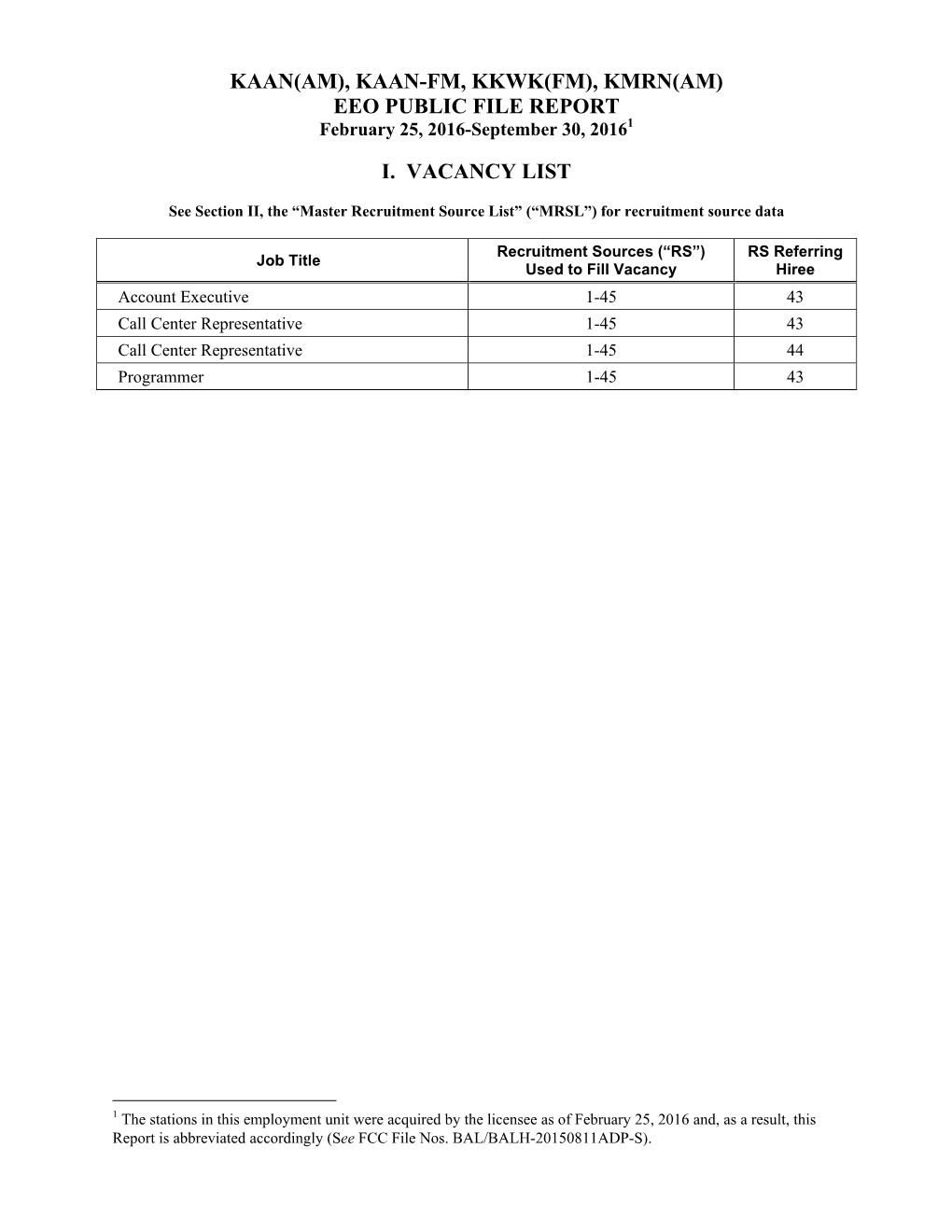 Kaan-Fm, Kkwk(Fm), Kmrn(Am) Eeo Public File Report I