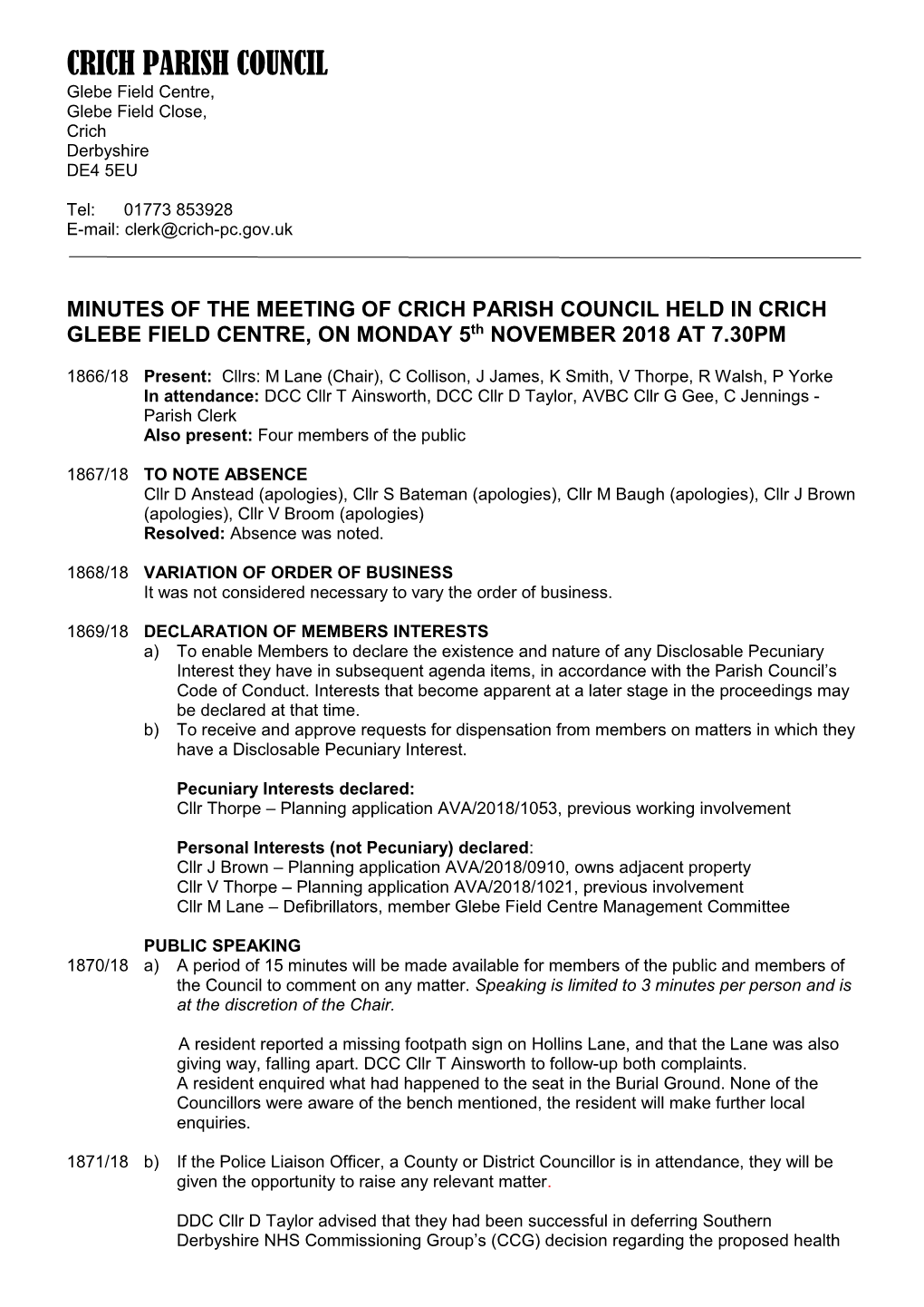 Minutes, Council, 5 November 2018