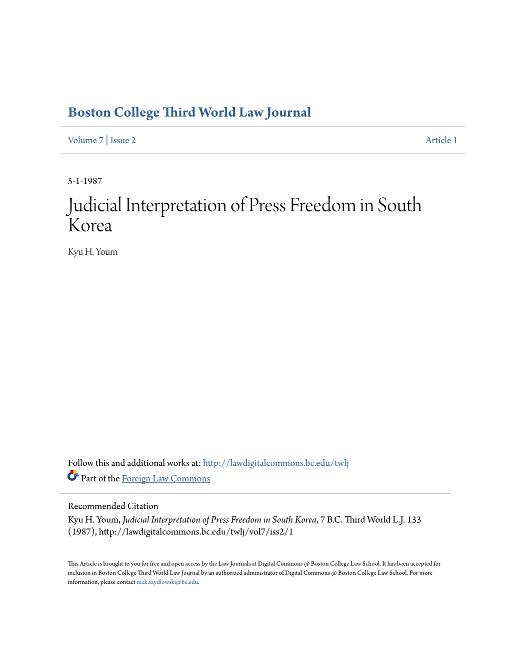 Judicial Interpretation of Press Freedom in South Korea Kyu H