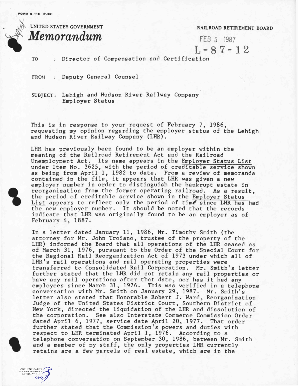 Memorandum FEB 5 1987 L-87-12 to Director of Compensation and Certification