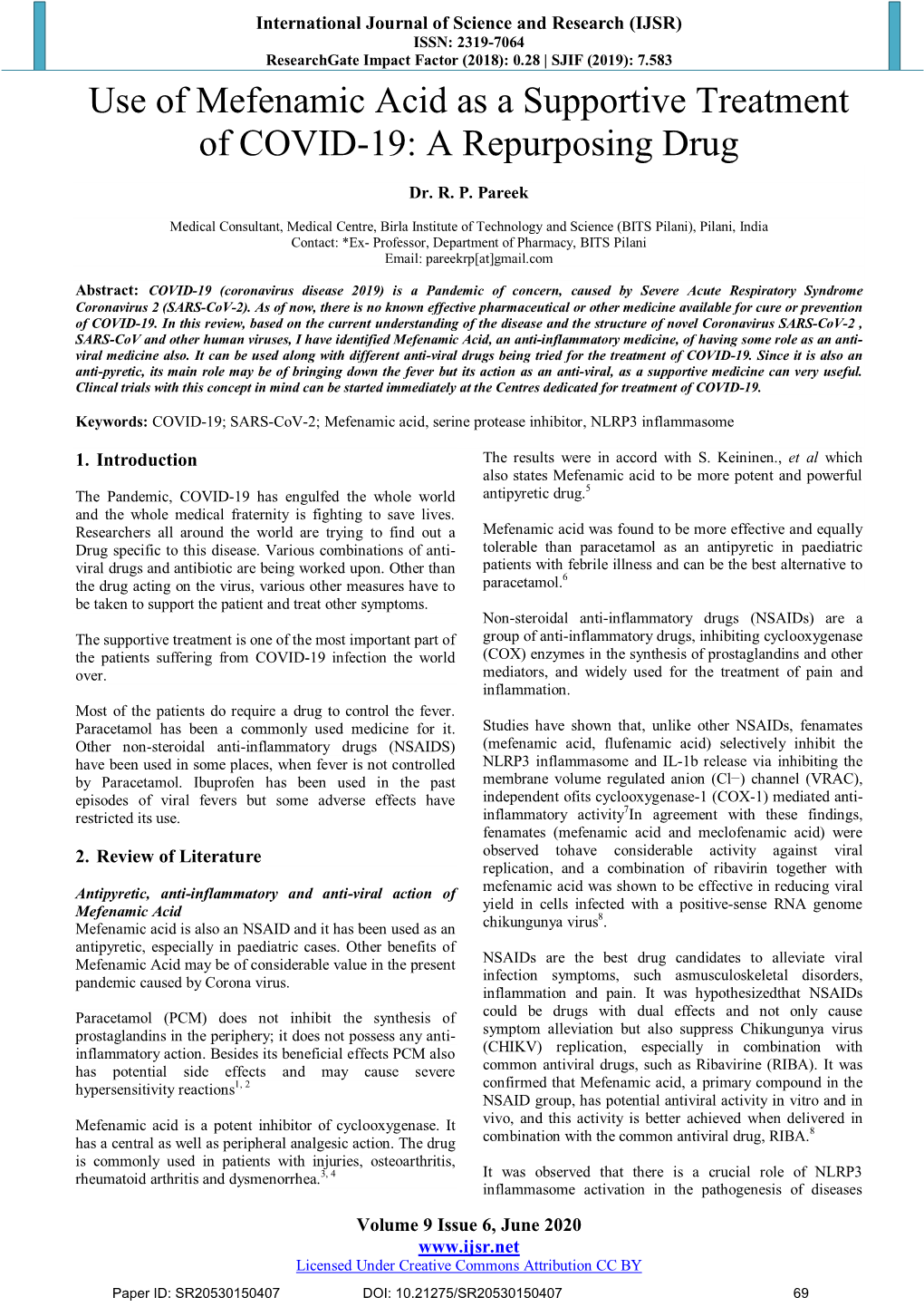 Use of Mefenamic Acid As a Supportive Treatment of COVID-19: a Repurposing Drug