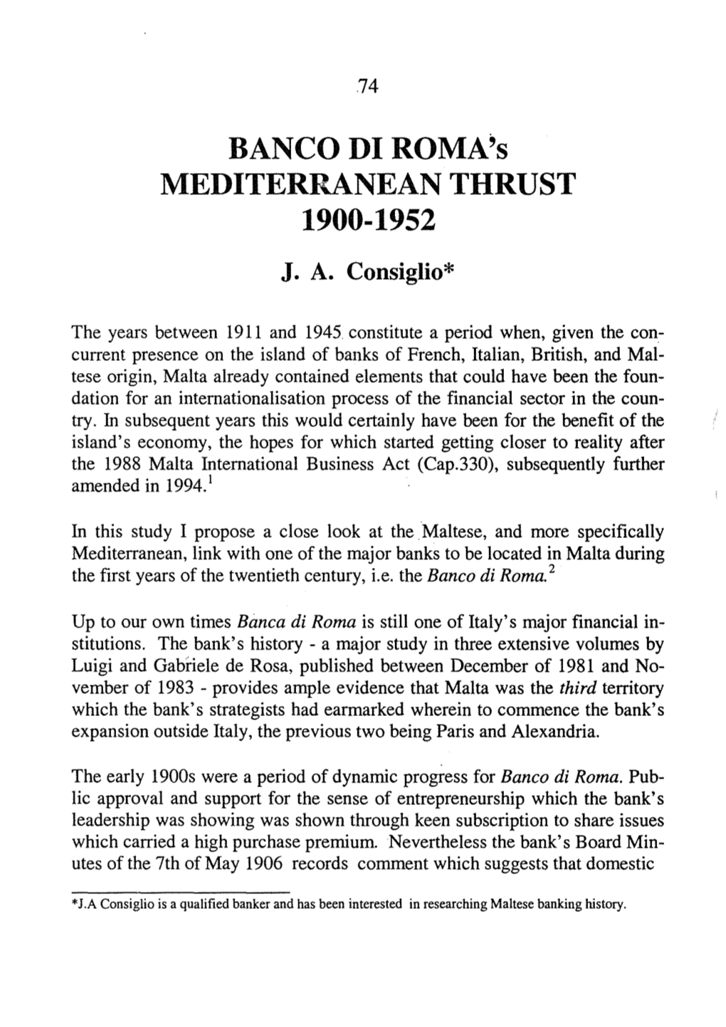 BANCO DI ROMA's MEDITERRANEAN THRUST 1900-1952 J