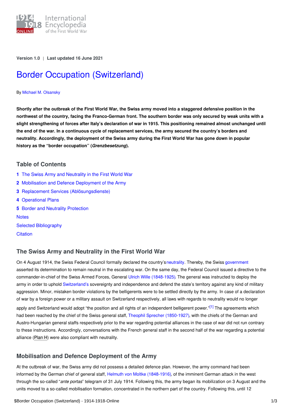 Border Occupation (Switzerland) | International Encyclopedia of the First World War (WW1)