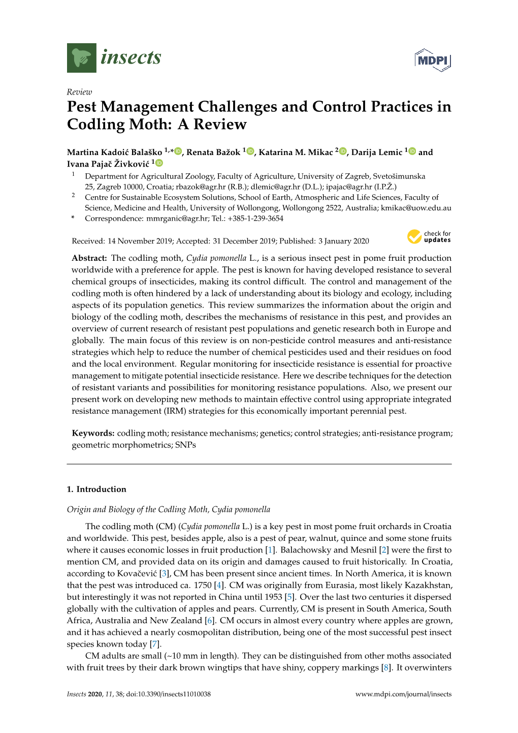 Pest Management Challenges and Control Practices in Codling Moth: a Review