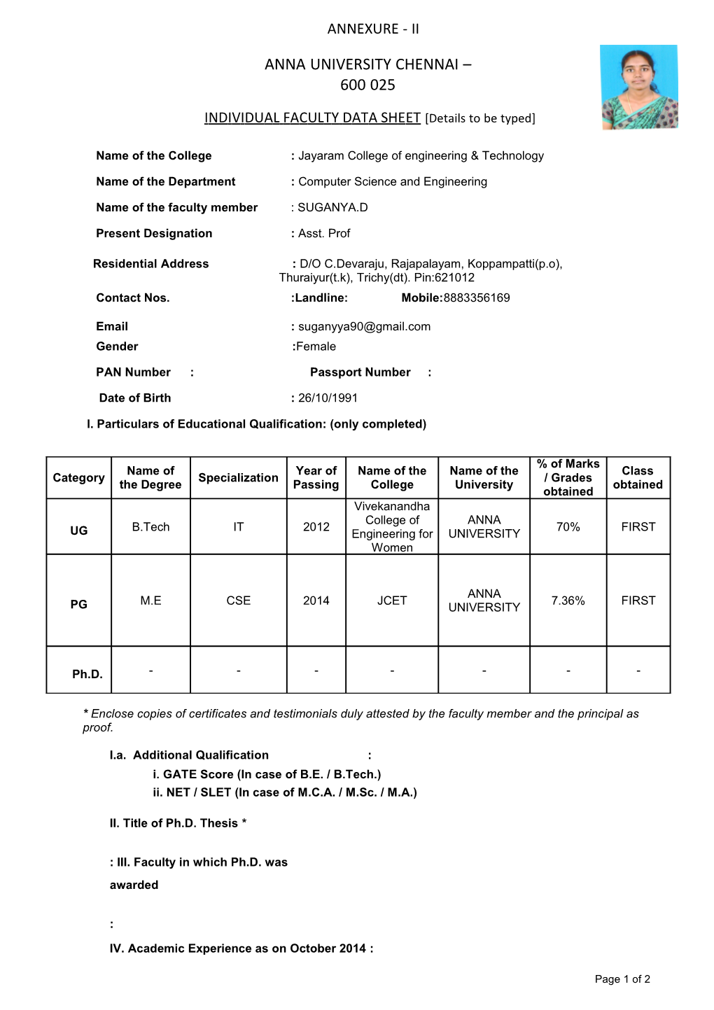 INDIVIDUAL FACULTY DATA SHEET Details to Be Typed