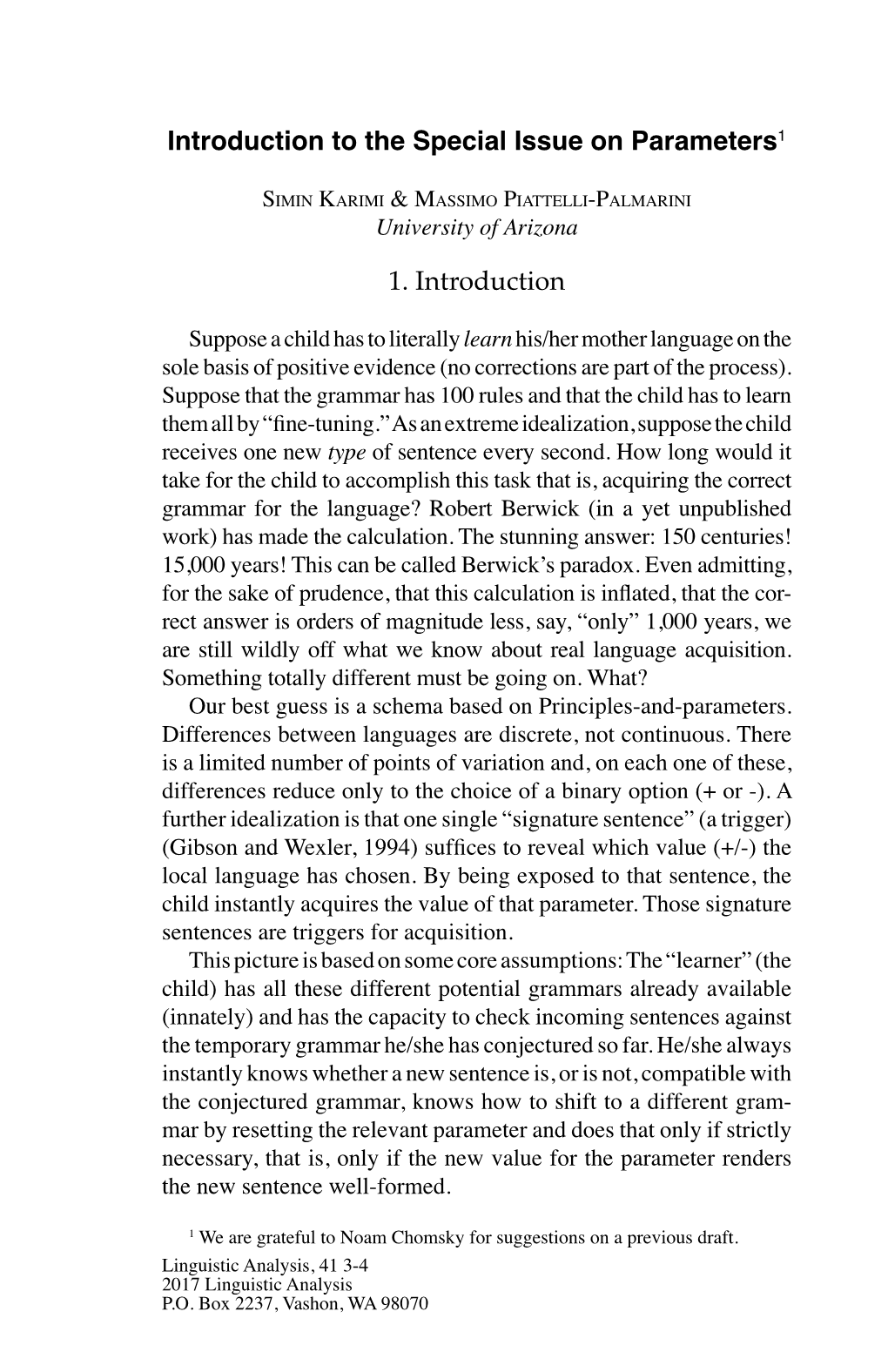 Introduction to the Special Issue on Parameters. Linguistic Analysis