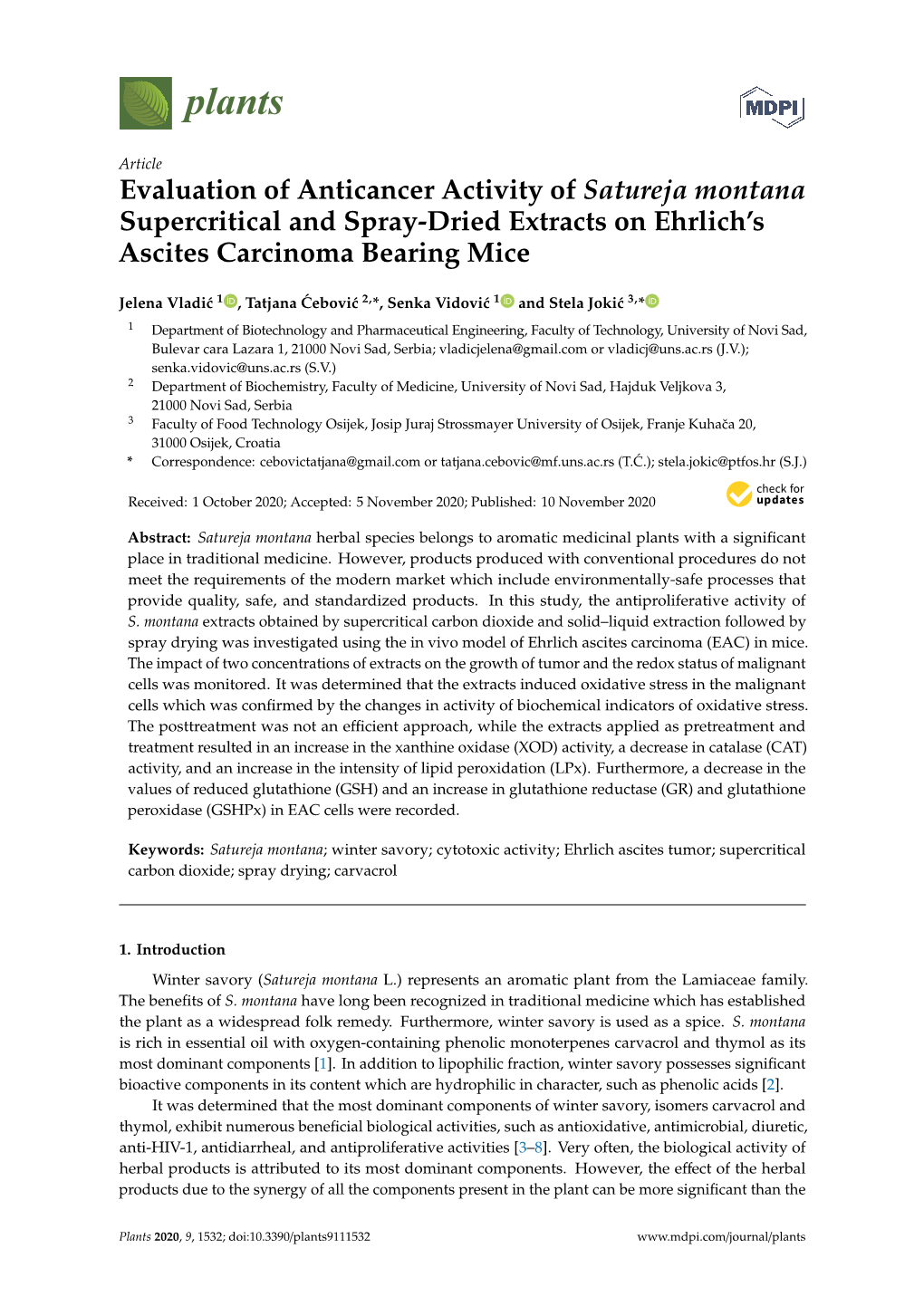 Evaluation of Anticancer Activity of Satureja Montana Supercritical and Spray-Dried Extracts on Ehrlich’S Ascites Carcinoma Bearing Mice