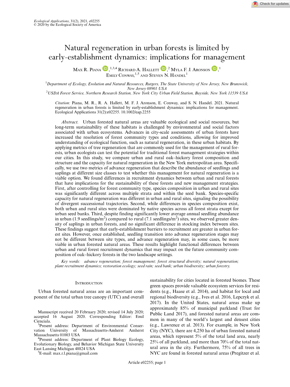 Natural Regeneration in Urban Forests Is Limited by Early-Establishment Dynamics: Implications for Management