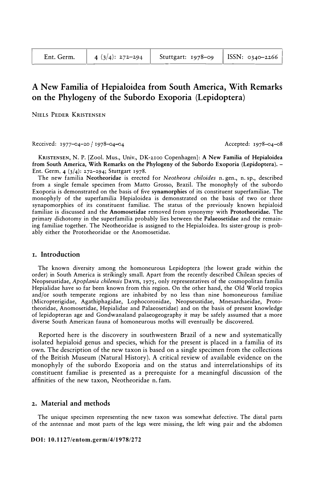 Ent. Germ. Stuttgart: 1978-09 a New Familia of Hepialoidea From