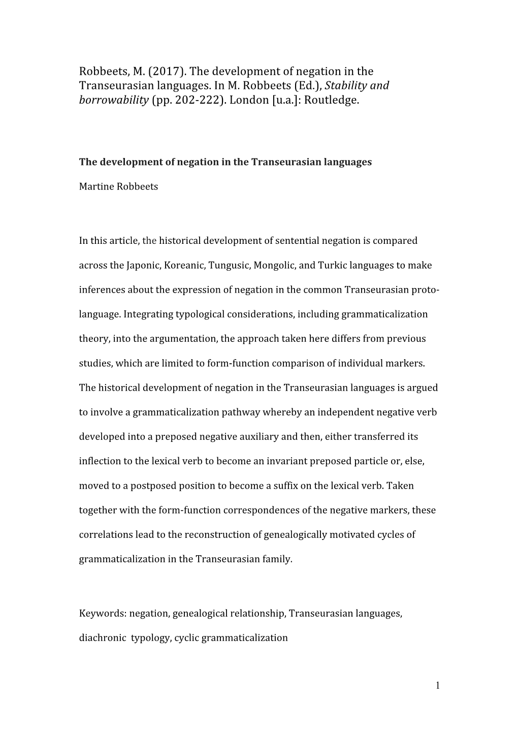 (2017). the Development of Negation in the Transeurasian Languages. in M