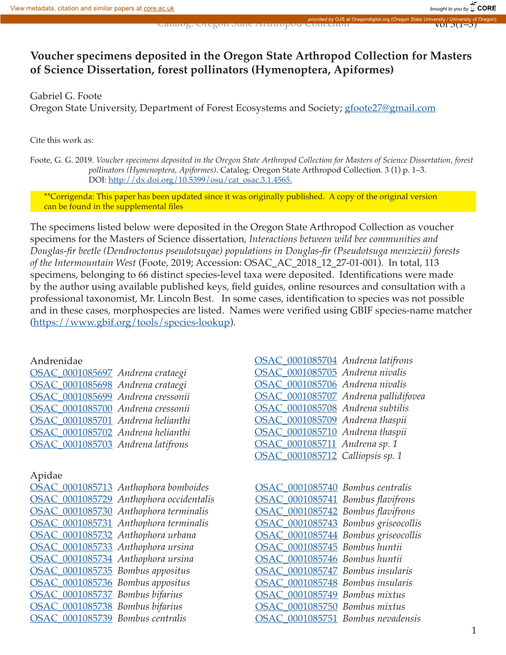 Voucher Specimens Deposited in the Oregon State Arthropod Collection for Masters of Science Dissertation, Forest Pollinators (Hymenoptera, Apiformes)