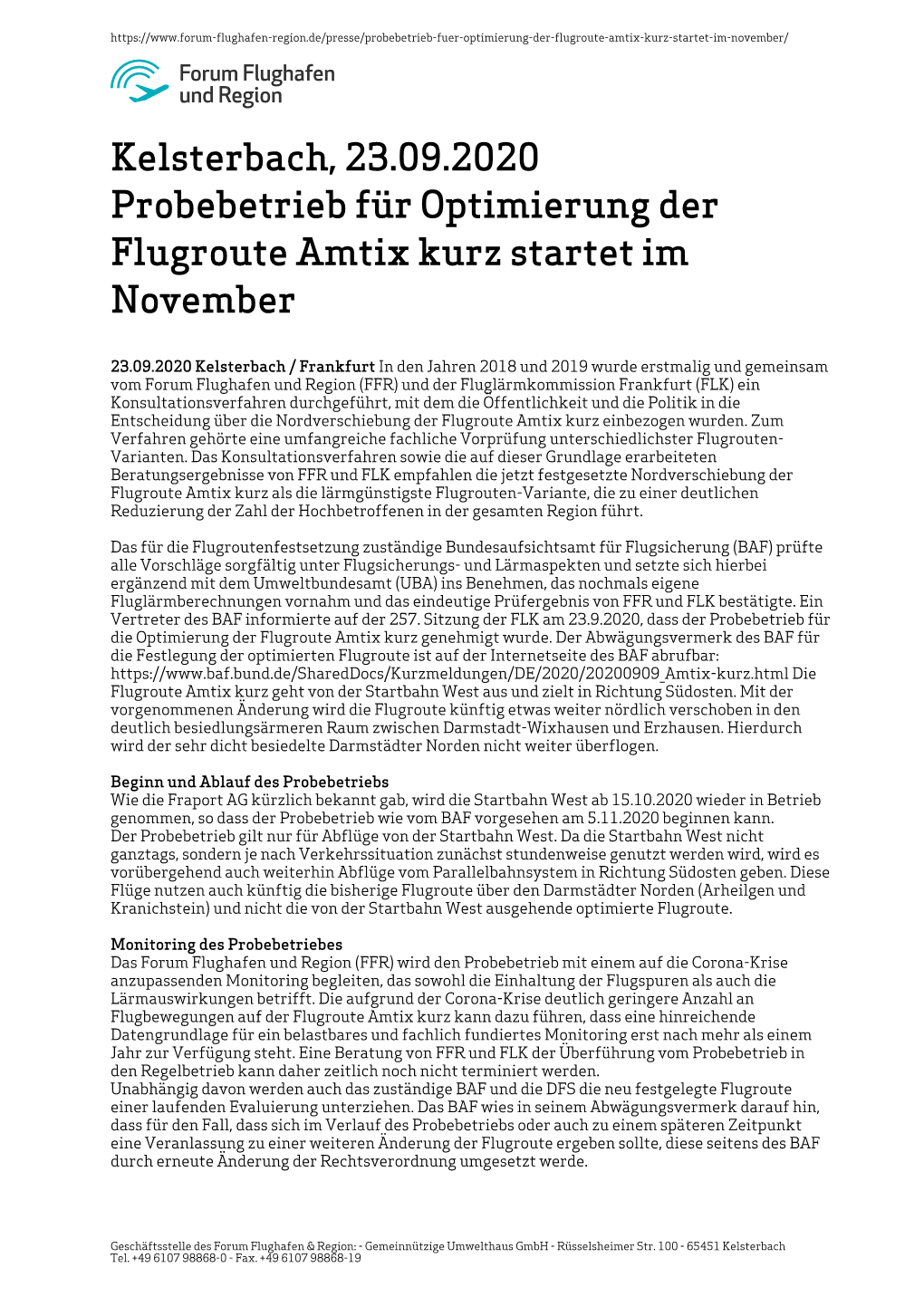 Kelsterbach, 23.09.2020 Probebetrieb Für Optimierung Der Flugroute Amtix Kurz Startet Im November