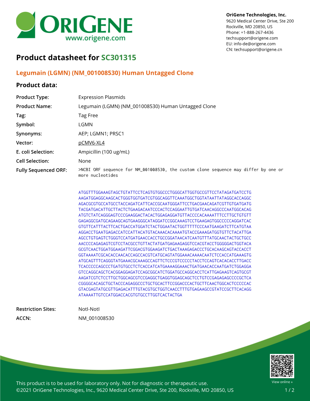 Legumain (LGMN) (NM 001008530) Human Untagged Clone Product Data