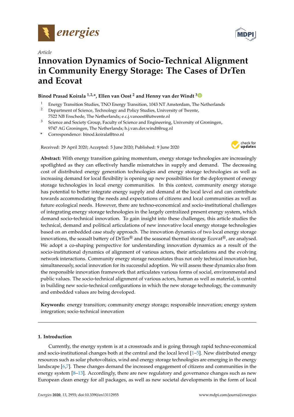 Innovation Dynamics of Socio-Technical Alignment in Community Energy Storage: the Cases of Drten and Ecovat