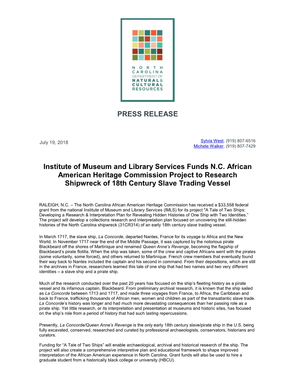 PRESS RELEASE Institute of Museum and Library Services Funds N.C