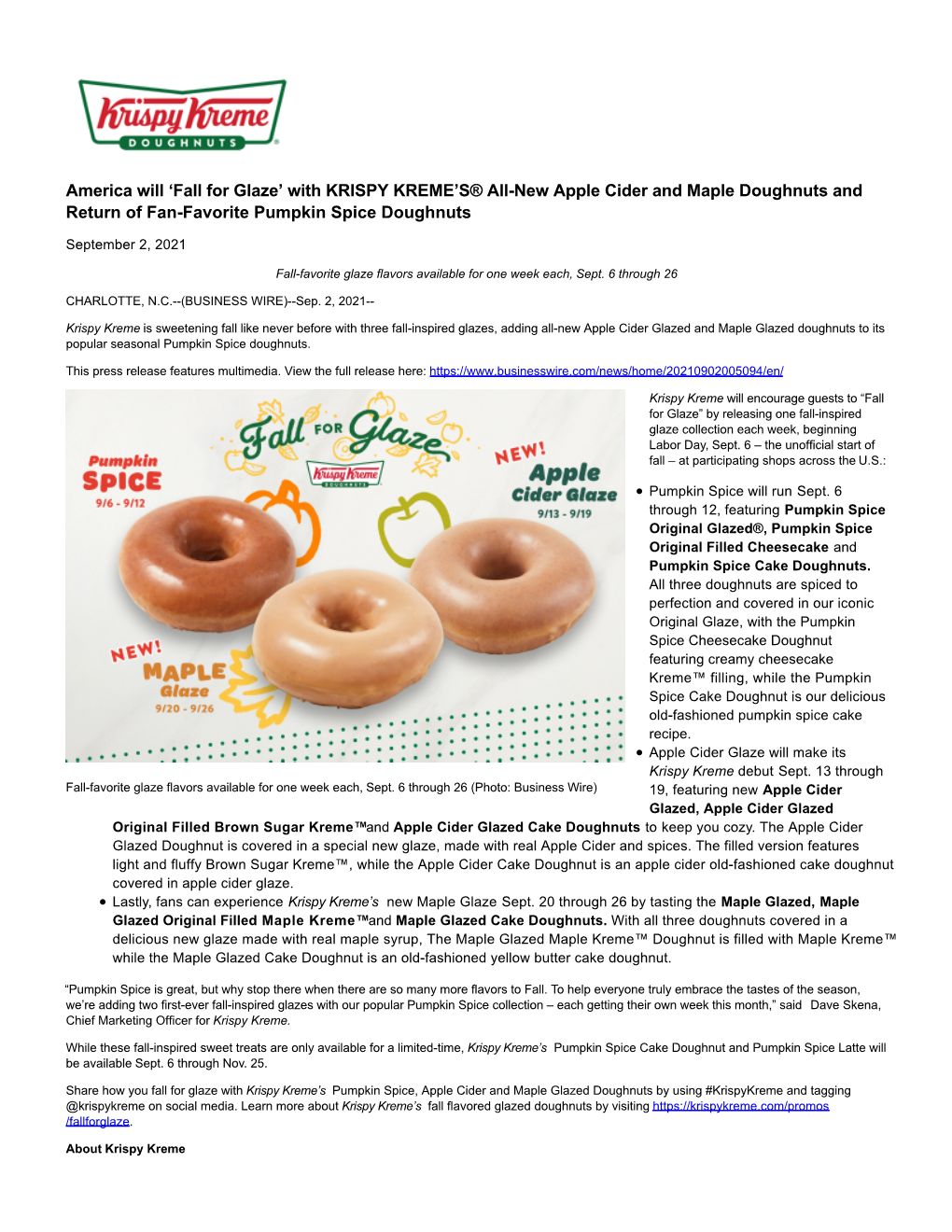 'Fall for Glaze' with KRISPY KREME's® All-New Apple Cider and Maple