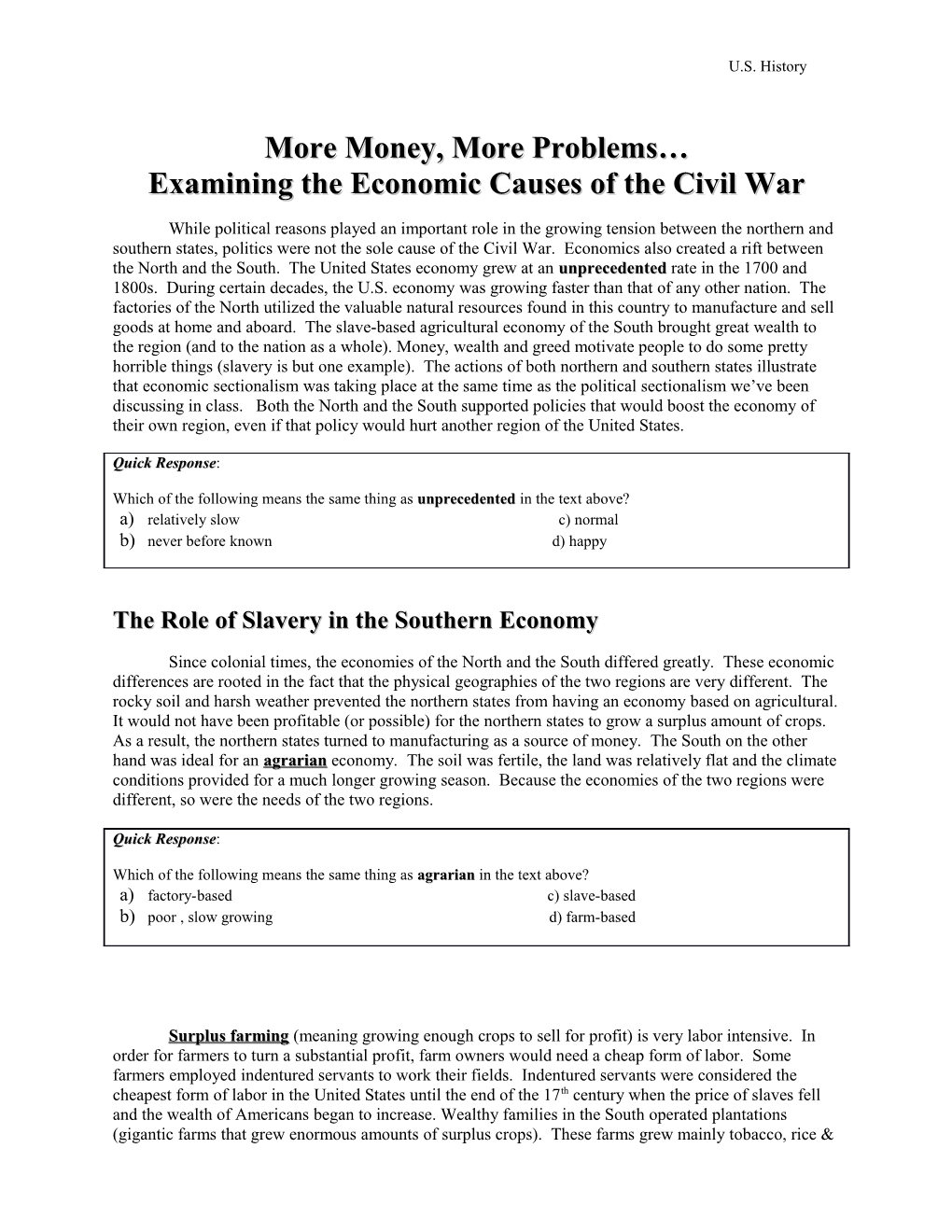 Examining the Economic Causes of the Civil War