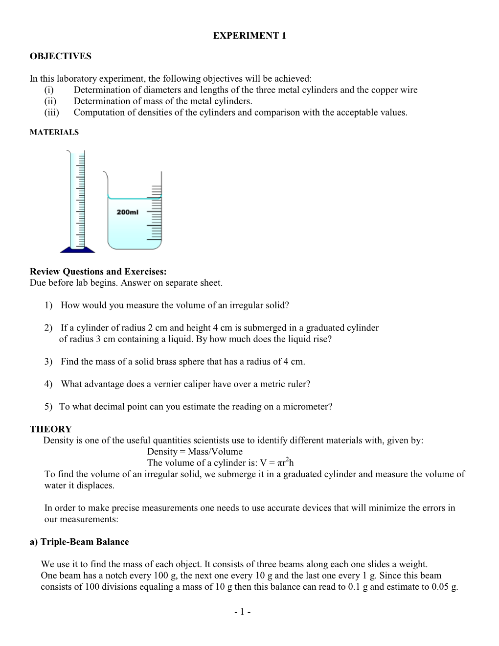 Review Questions and Exercises: Due Before Lab Begins