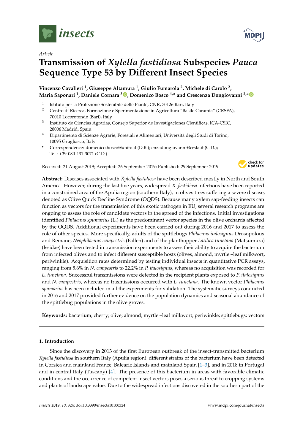 Transmission of Xylella Fastidiosa Subspecies Pauca Sequence Type 53 by Different Insect Species