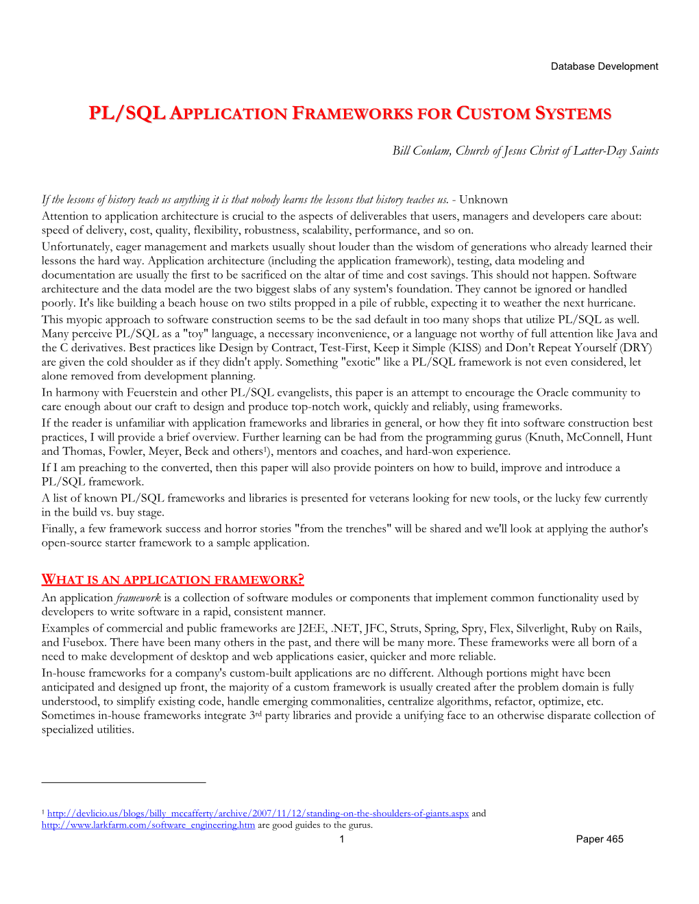 Pl/Sql Application Frameworks for Custom Systems