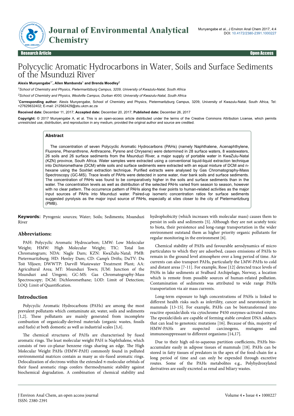 Polycyclic Aromatic Hydrocarbons in Water, Soils and Surface Sediments