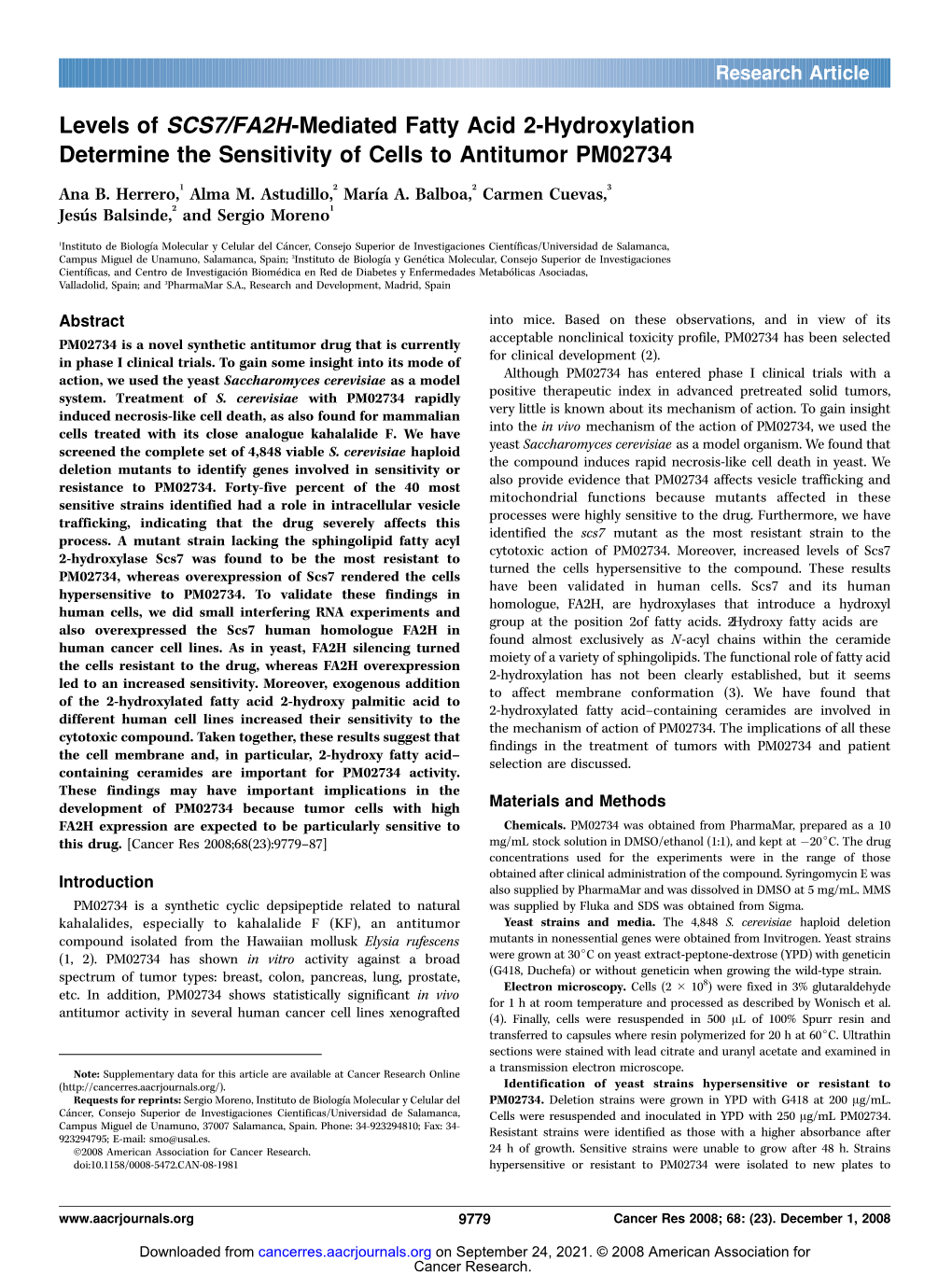 Levels of SCS7/FA2H-Mediated Fatty Acid 2-Hydroxylation Determine the Sensitivity of Cells to Antitumor PM02734