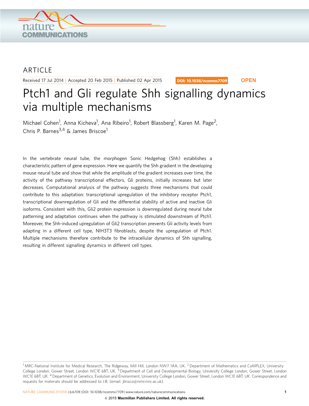 Ptch1 and Gli Regulate Shh Signalling Dynamics Via Multiple Mechanisms