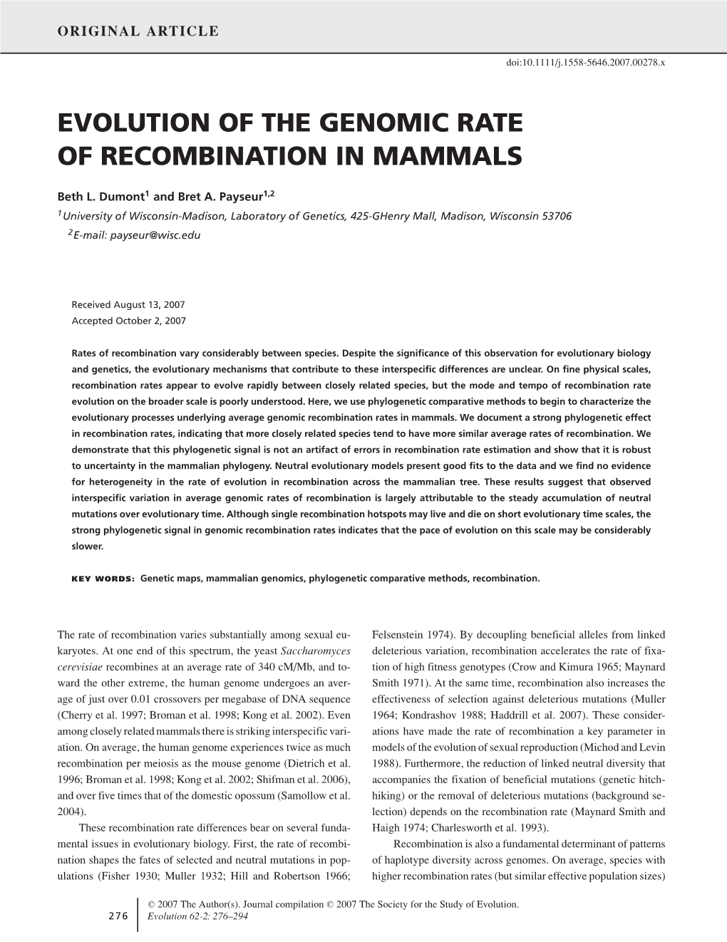 Evolution of the Genomic Rate of Recombination in Mammals