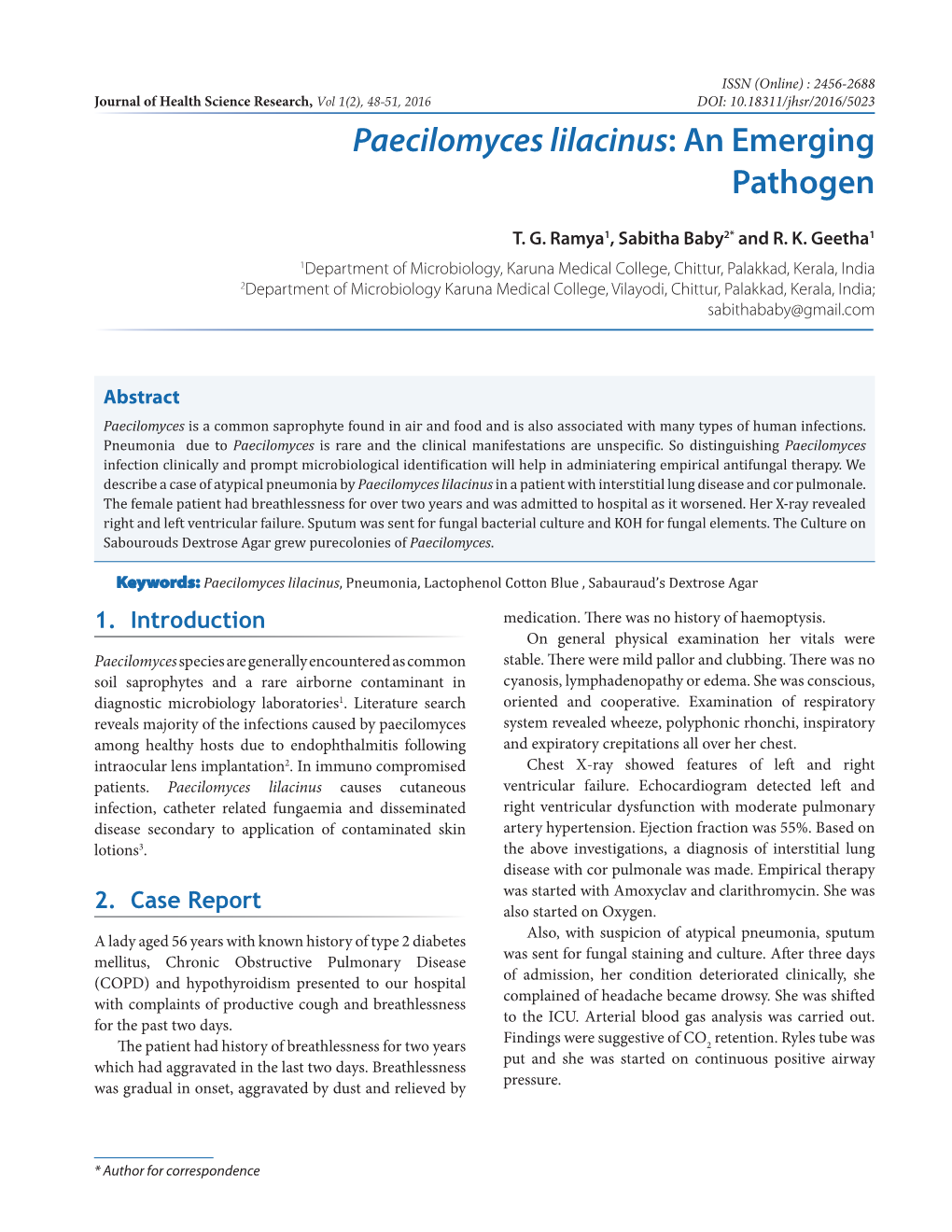 Paecilomyces Lilacinus: an Emerging Pathogen