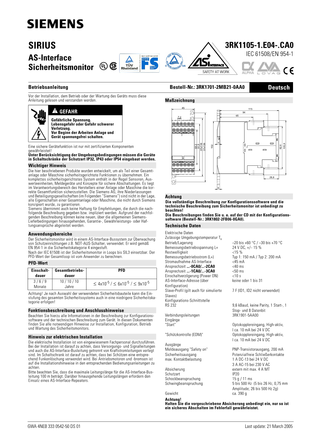 SIRIUS 3RK1105-1.E04-.CA0 AS-Interface IEC 61508/EN 954-1 Sicherheitsmonitor Us SAFETY at WORK