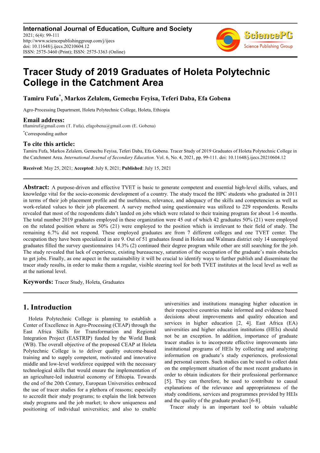 Tracer Study of 2019 Graduates of Holeta Polytechnic College in the Catchment Area