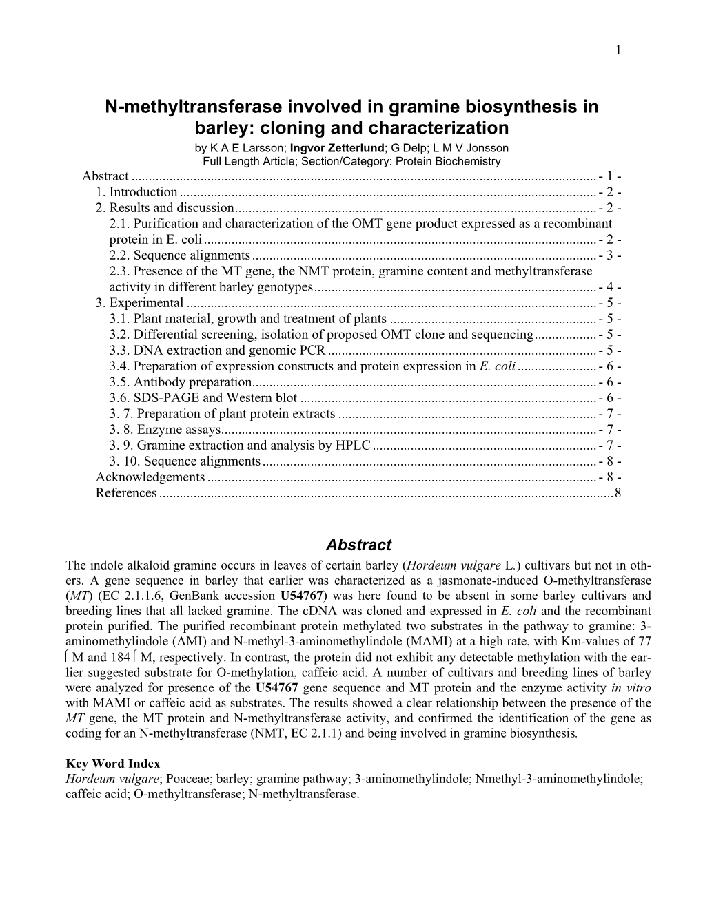 N-Methyltransferase Involved in Gramine