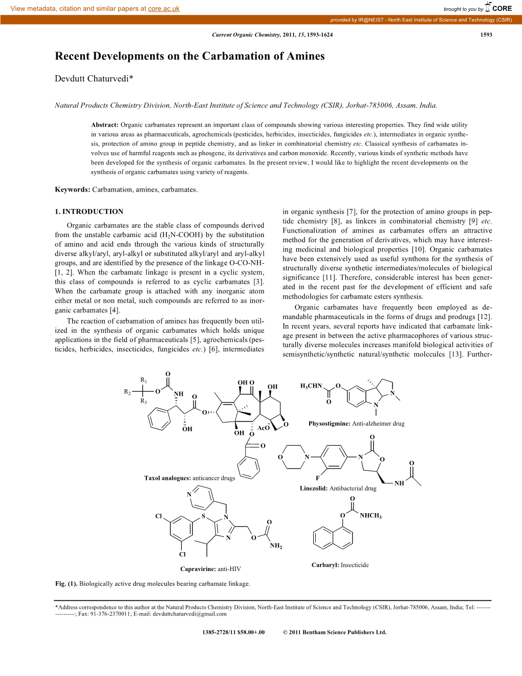 Recent Developments on the Carbamation of Amines