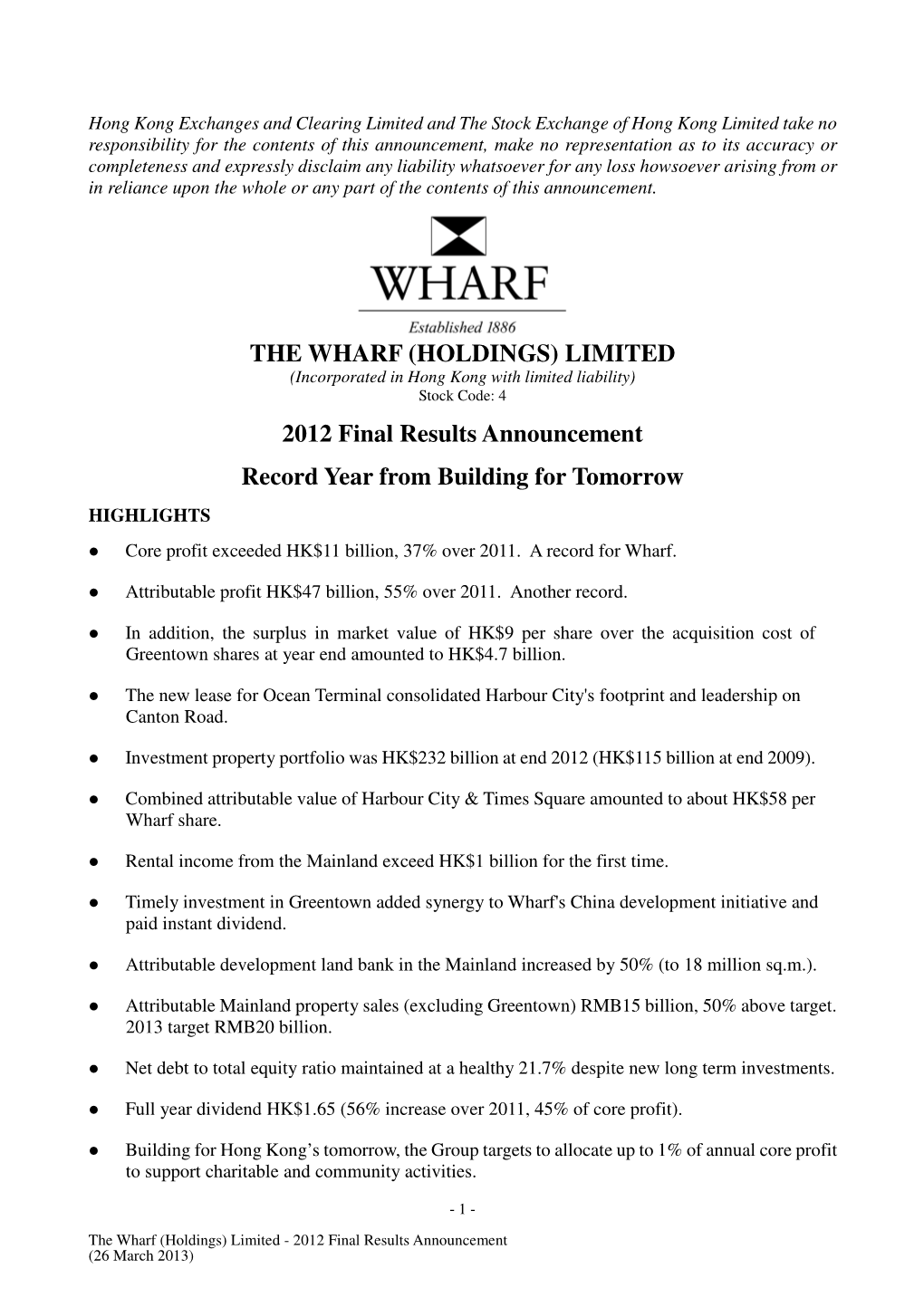 THE WHARF (HOLDINGS) LIMITED 2012 Final Results