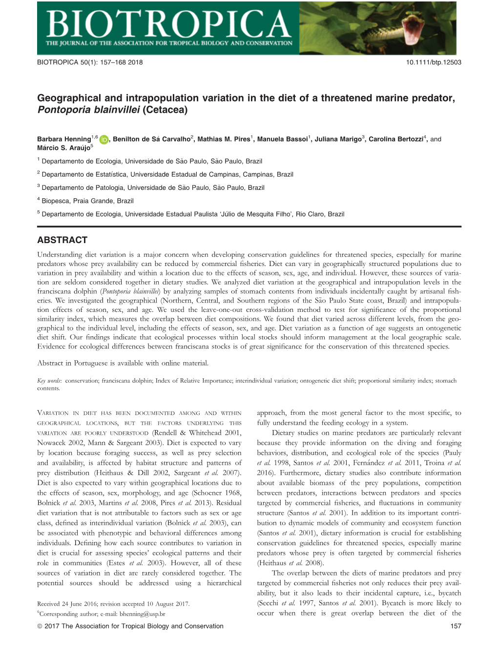 Geographical and Intrapopulation Variation in the Diet of a Threatened Marine Predator, Pontoporia Blainvillei (Cetacea)