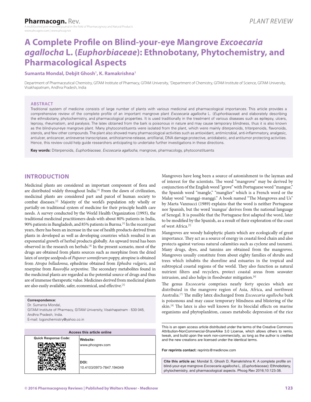 A Complete Profile on Blind-Your-Eye Mangrove Excoecaria Agallocha L