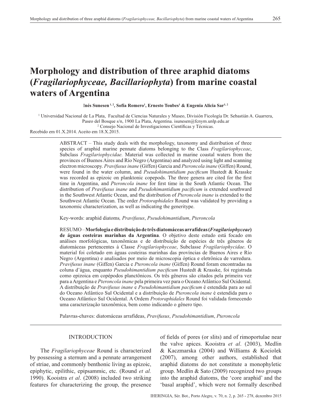 Fragilariophyceae, Bacillariophyta) from Marine Coastal Waters of Argentina 265