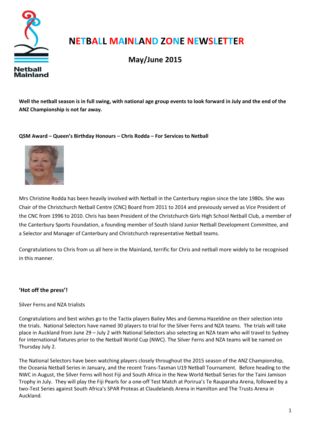 Netball Mainland Zone Newsletter