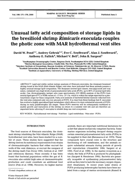 Unusual Fatty Acid Composition of Storage Lipids in the Bresilioid Shrimp Rimicaris Exoculata Couples the Photic Zone with MAR Hydrothermal Vent Sites