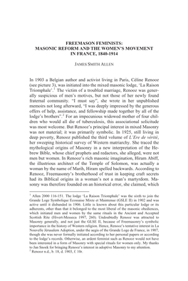 Freemason Feminists: Masonic Reform and the Women’S Movement in France, 1840-1914