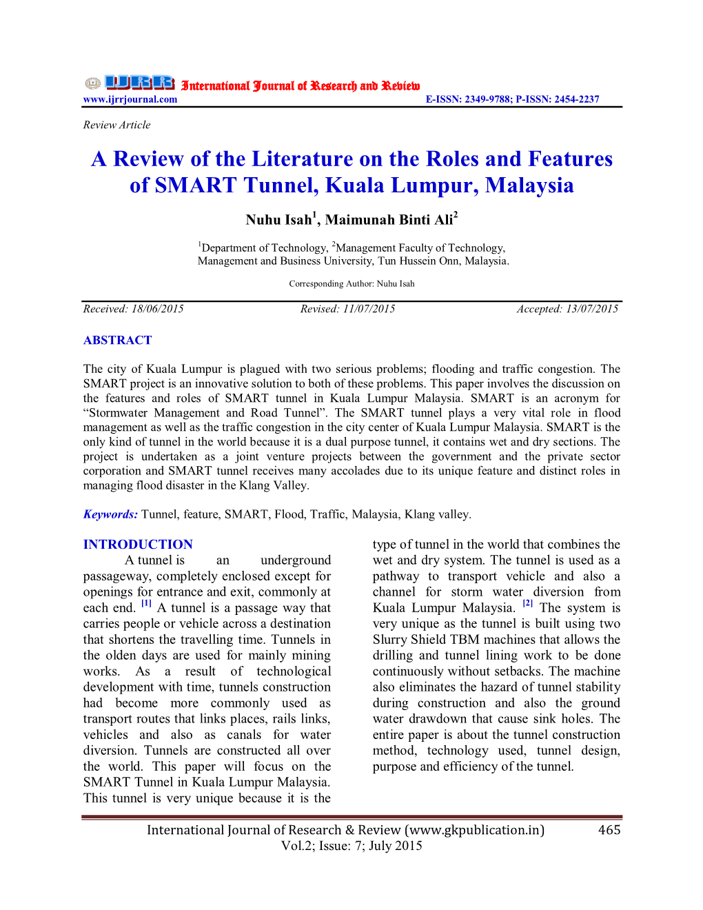 A Review of the Literature on the Rolesand Features of SMART Tunnel, Kuala Lumpur, Malaysia