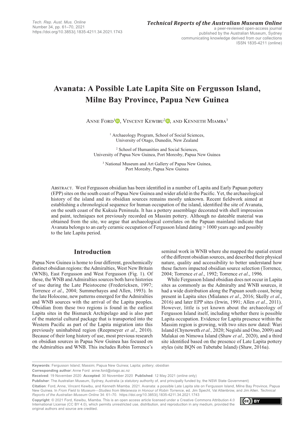 Avanata: a Possible Late Lapita Site on Fergusson Island, Milne Bay Province, Papua New Guinea