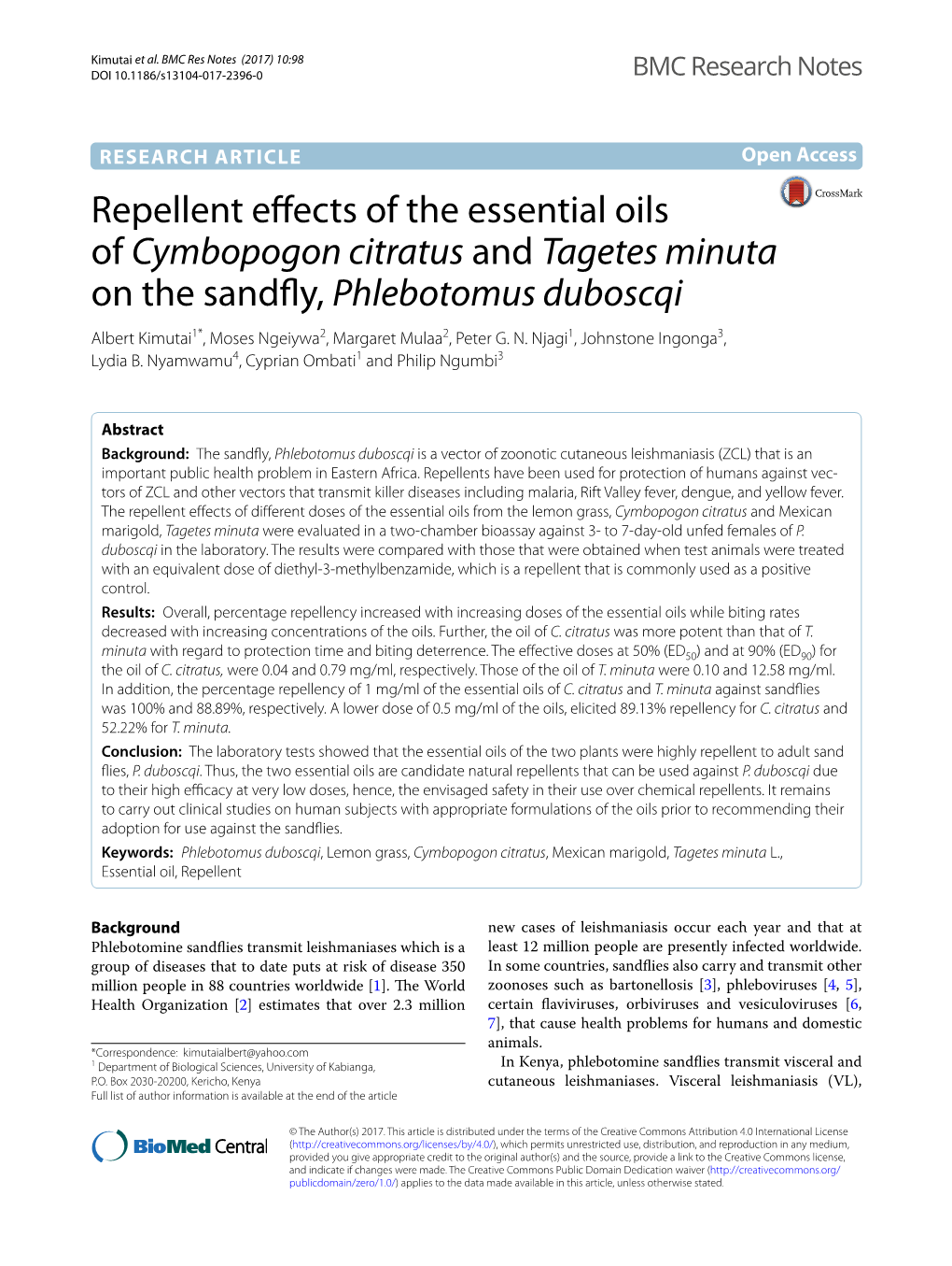 Repellent Effects of the Essential Oils of Cymbopogon Citratus And