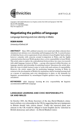 Negotiating the Politics of Language Language Learning and Civic Identity in Wales