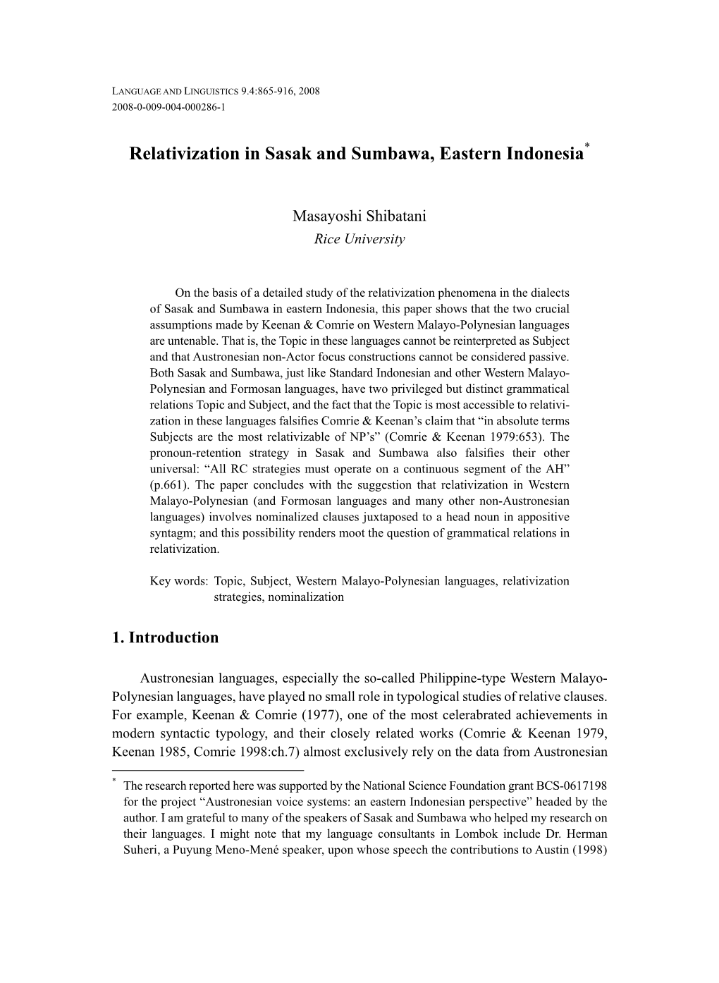 Relativization in Sasak and Sumbawa, Eastern Indonesia*