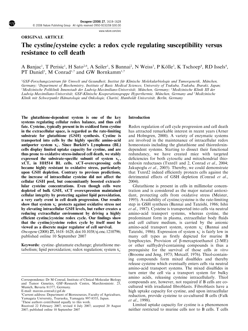 The Cystine/Cysteine Cycle: a Redox Cycle Regulating Susceptibility Versus Resistance to Cell Death